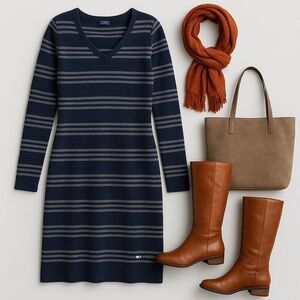 Vineyard Vines Wool Blend Striped Sweater Dress Navy Gray Whale Logo M